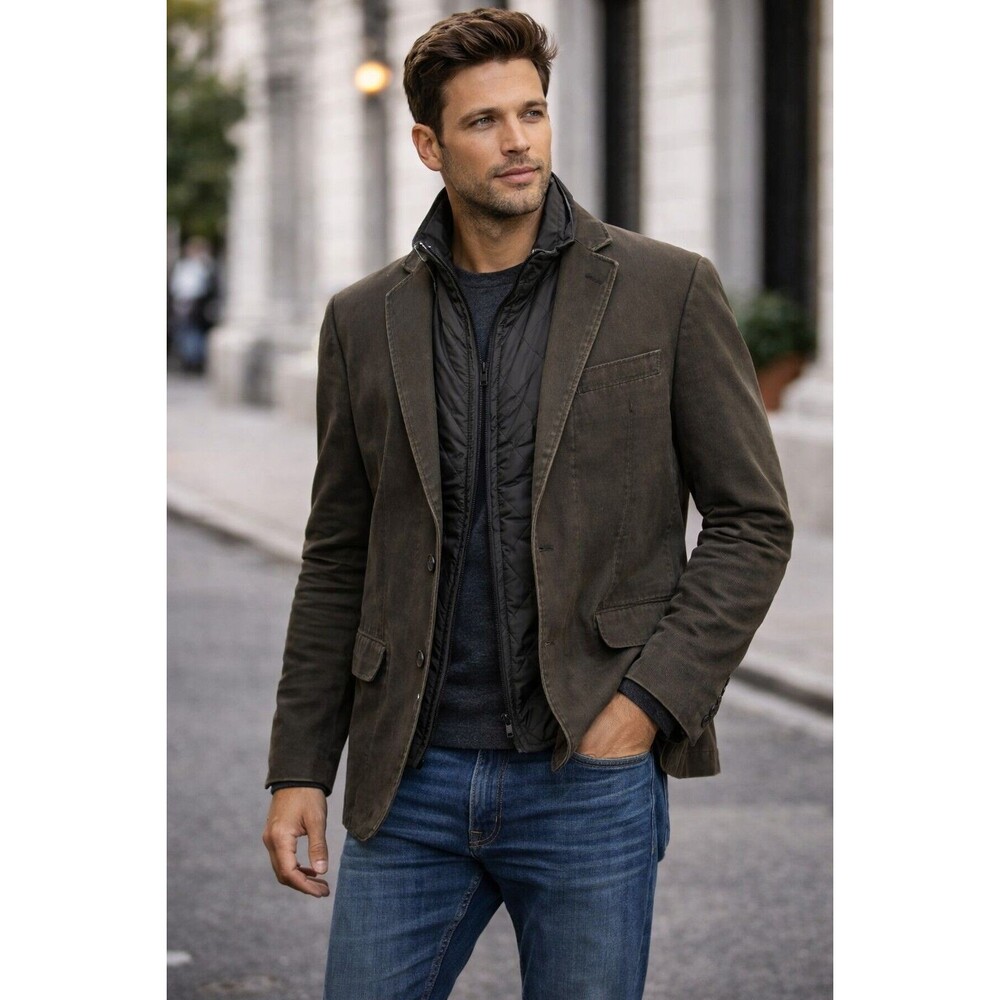 Calvin Klein Olive Blazer Jacket Mens L Zip Out Liner Cotton Sport Coat